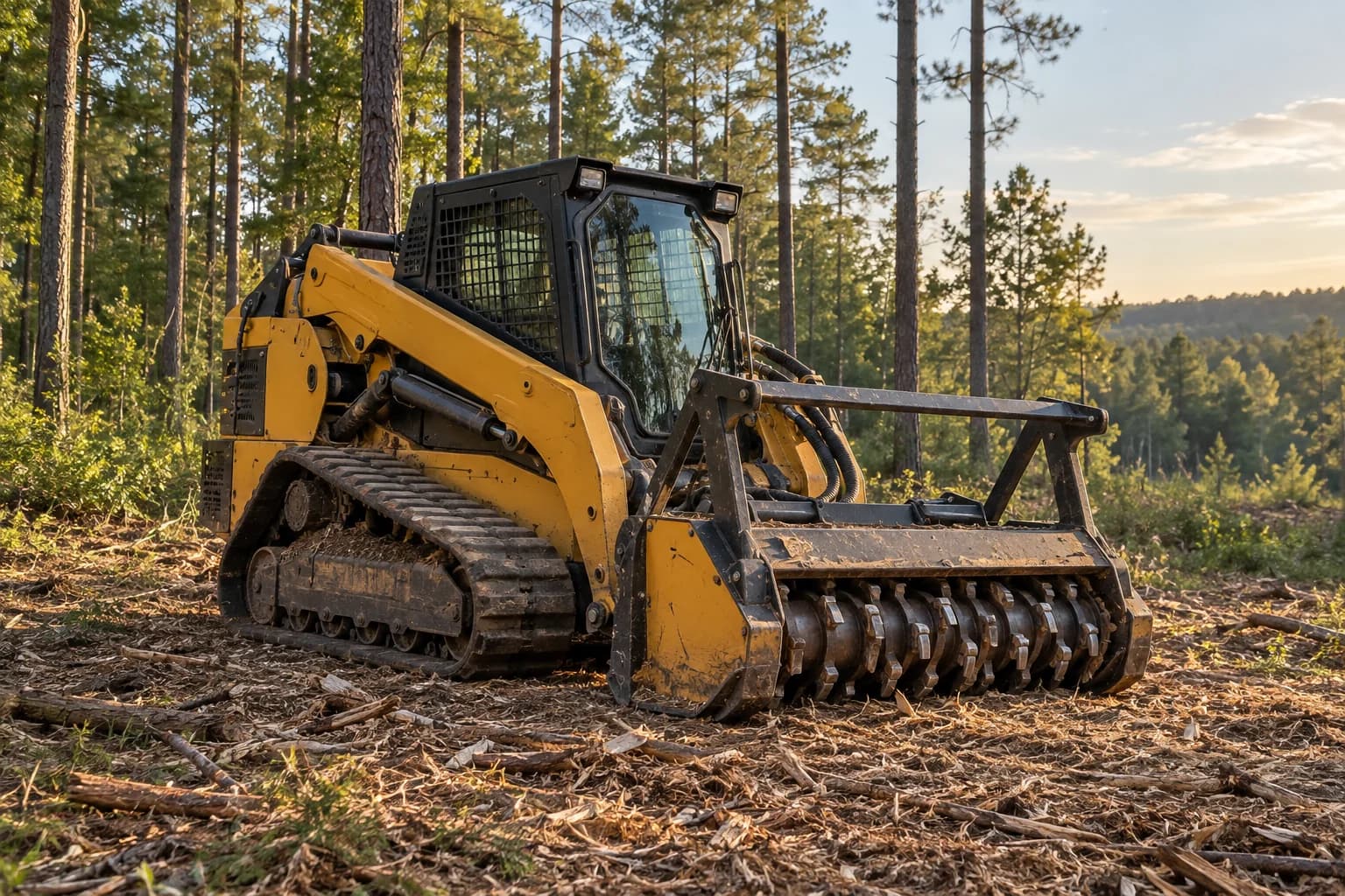 Illustration of a tracked forestry mulcher parked in a pine woodland clearing